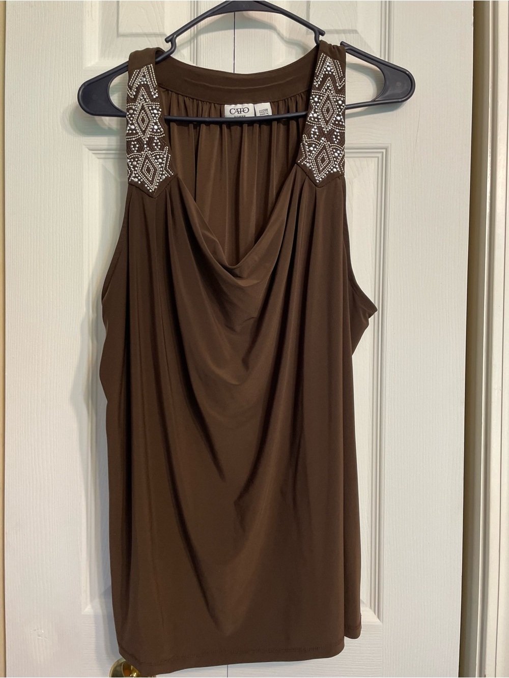 Cato Brown Beaded Strap Cowl Neck Tank